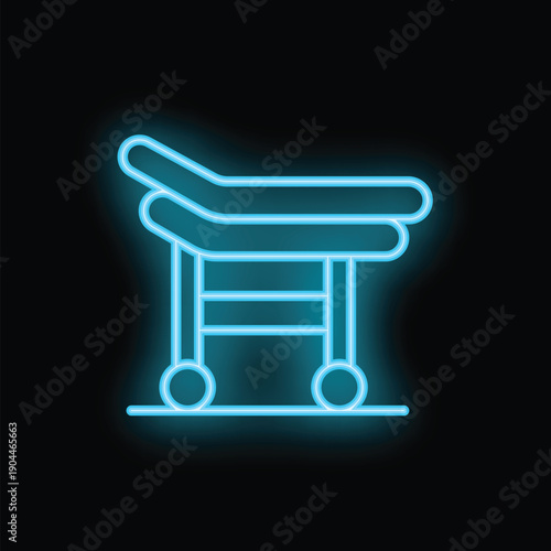 Bright blue neon icon of a medical gurney on wheels is set against a dark background, evoking themes of healthcare and medical services