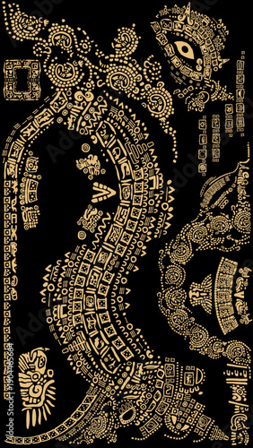 Symbols, letters, masks and pictures of the ancient Maya and Toltec civilization