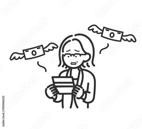 通帳を見て残高に悲しくなる40代女性のイラスト　線画のみ