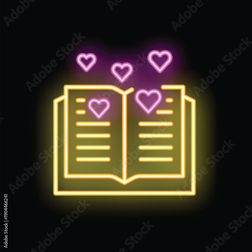 Neon open book with hearts floating above symbolizing love for reading, romantic novels and literature
