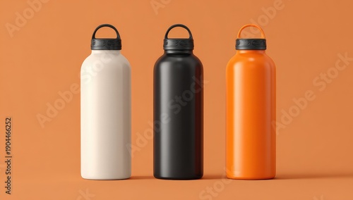 Three cylindrical water bottles, off-white, black, and orange, with black carrying loops and lids, stand against a muted orange background
