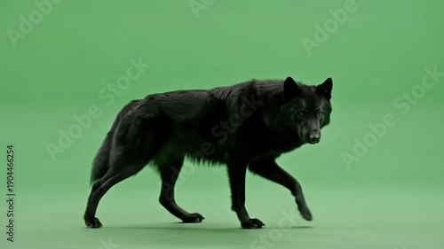 Black wolf walking on a green screen background perfect for compositing into dynamic scenes wildlife footage ideal for nature documentaries film VFX and creative projects