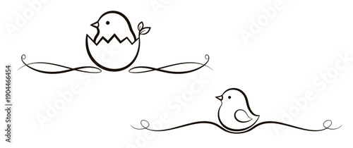 Decorative text dividers with hatching chicks and birds in elegant line art style