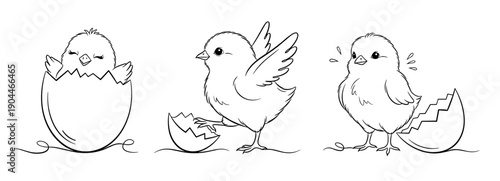 Cute hand-drawn chicks hatching from eggs in playful line art style