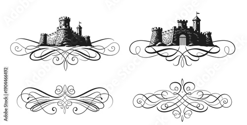 Decorative text dividers with castle motifs and elegant line art design