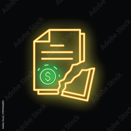 Glowing neon illustration showing a contract being torn in half, symbolizing a broken agreement or financial trouble