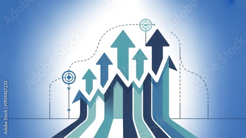 Upward-pointing arrows illustrate a dynamic financial growth chart, symbolizing progress and success in business on a vibrant blue gradient background with copy space.