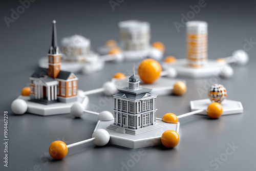 a model of a building surrounded by oranges