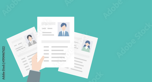 複数の履歴書を比較して選考する採用担当者のベクターイラスト。就職活動･リクルート･人事（フラットデザイン）