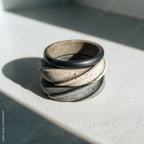 Three textured, wide bangles in dark gray, light beige, and off-white, stacked, showing swirling patterns and subtle speckles, illuminated by sunlight
