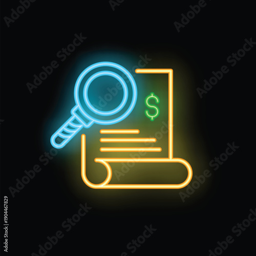 Neon icon representing a magnifying glass inspecting a financial document, symbolizing a thorough audit