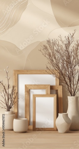 Three wooden frames of varying sizes rest on a light wood surface against a beige wall with abstract line art.  Beige ceramic vases hold dried floral arrangements. Sunlight streams in