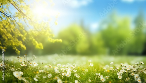Beautiful blurred spring background nature with blooming glade, trees and blue sky on a sunny day