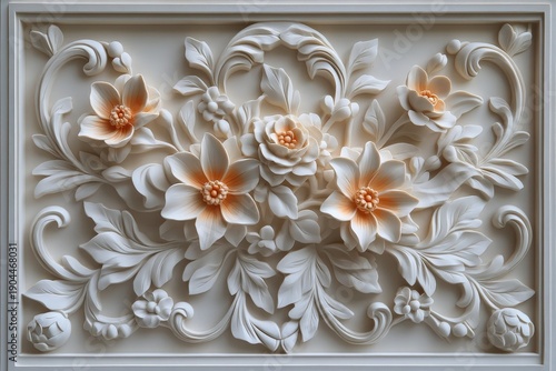 Intricate floral bas-relief sculpture showcases detailed botanical ornamentation