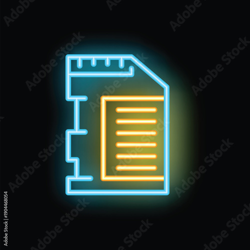 Photography Bright neon icon of sd card glowing on dark background, representing data storag