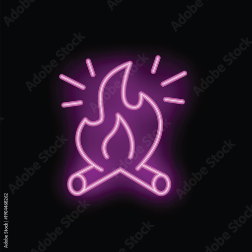 Neon bonfire burning with bright pink flames on black background