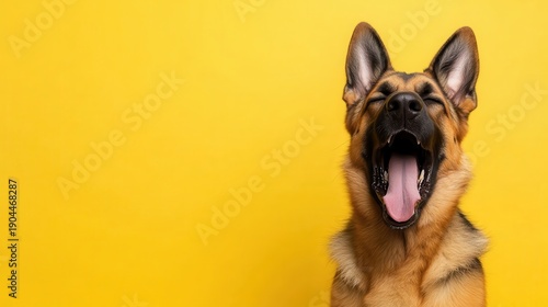 This charming image captures a playful dog yawning, perfectly framed against a bright yellow background, exuding joy, warmth, and a sense of liveliness that captivates viewers.