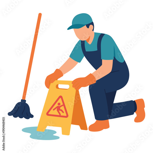 Worker placing wet floor caution sign near mop