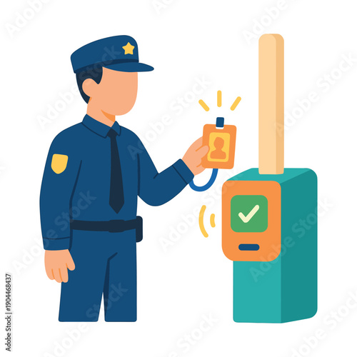 Police officer scanning identification card in flat vector