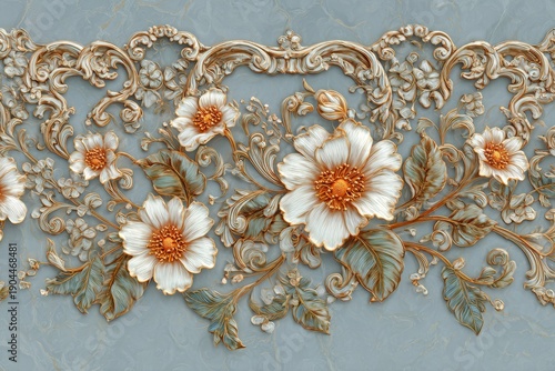 Ornate three dimensional floral embellishment decorates a muted background surface