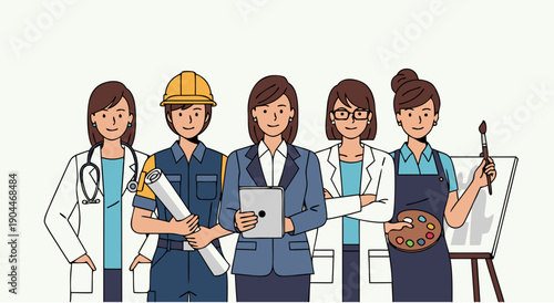 Group of diverse professional women including doctor engineer business woman scientist and artist representing career empowerment