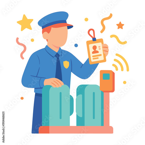 Security guard holding ID card near electronic gate
