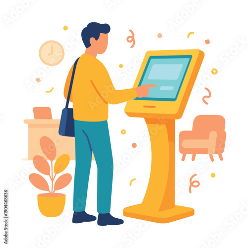 Man using self service touchscreen kiosk flat vector illustration