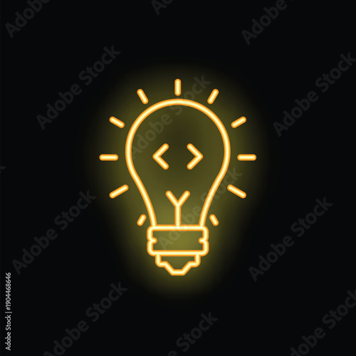 Bright yellow neon lightbulb is glowing, with coding brackets inside, representing ideas for software development