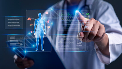 Medical doctor touching virtual holographic interface showing human anatomy and vital signs data. Concept of futuristic healthcare technology, AI diagnosis, and digital medical analysis.