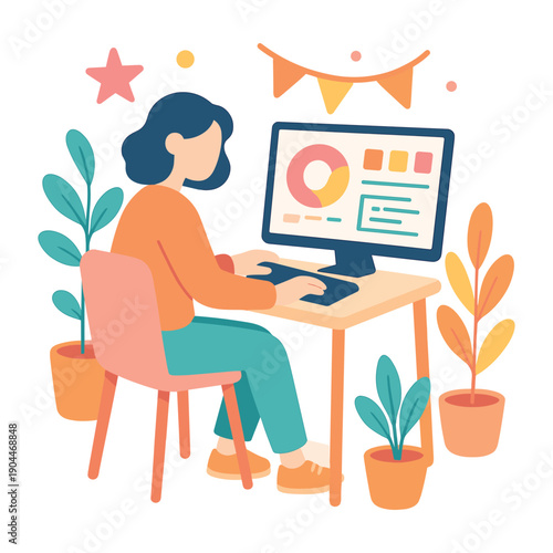 Woman working on computer at desk with plants