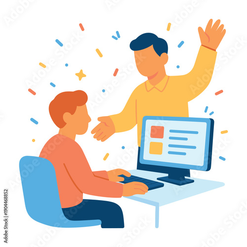 Person explaining computer screen to seated coworker flat vector