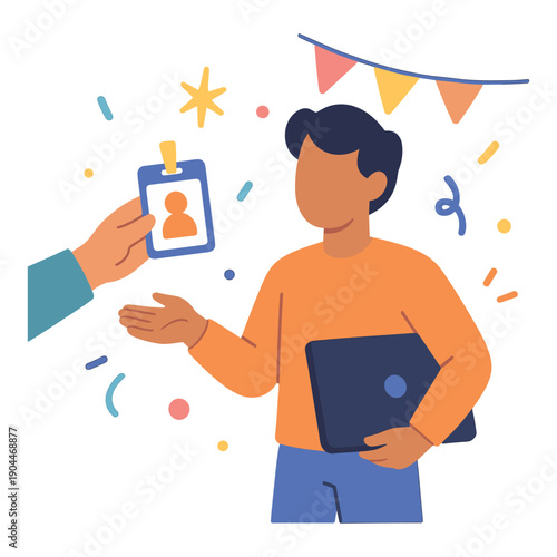 Person receiving ID card holding laptop flat vector illustration