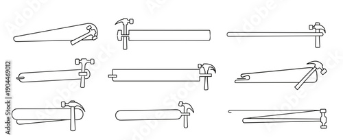 Line art illustrations of various clamps for woodworking and construction projects