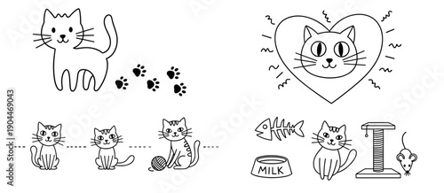 Cute cat illustrations with playful features and accessories for pet lovers in a whimsical style