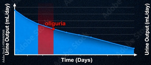 Medical graph illustrating oliguria, a condition of decreased urine output over time.