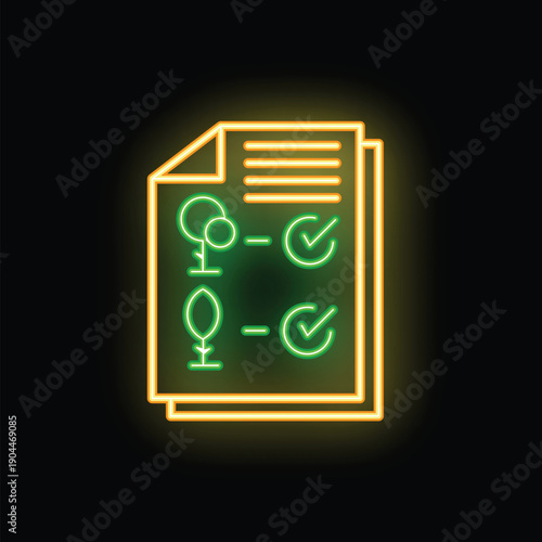 Glowing neon line icon representing a document outlining a forest planting strategy, symbolizing a commitment to eco friendly reforestation initiatives