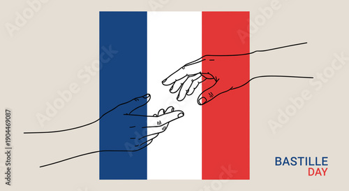 Two hands reaching out against French flag background representing unity for Bastille Day