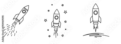Three simple rocket illustrations depicting launch, space travel, and exploration