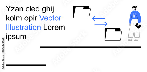 File sharing, data exchange, digital communication, office collaboration, file management, remote work. Illustrated person with folders and arrows. File sharing and data exchange concept