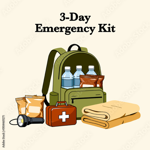 3 Day Emergency Kit Illustration with Backpack and Survival Supplies. Suitable for posters, infographics, educational materials, websites, social media, and emergency awareness campaigns.