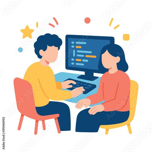 Two people sitting and coding on computer screen