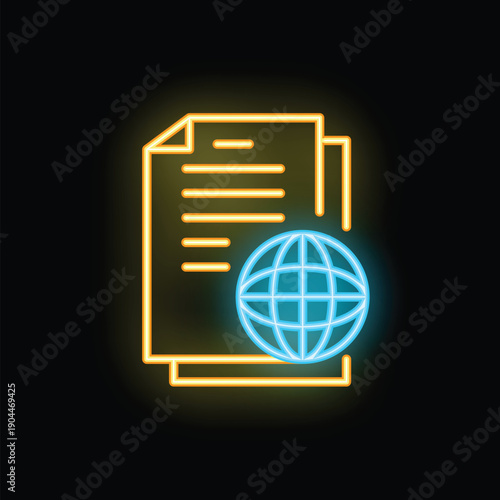 Glowing neon icon showing documents with a globe, symbolizing global network connectivity and international communication