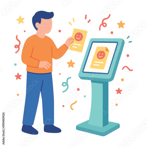 Person interacting with touchscreen kiosk flat vector illustration