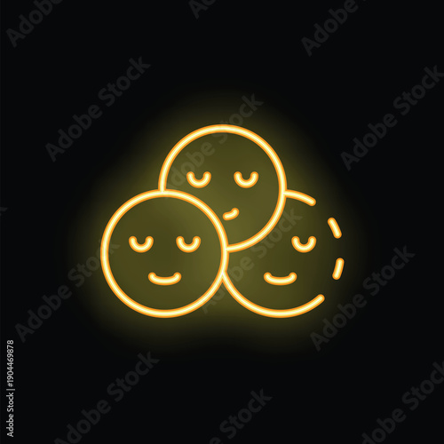 Neon icon of three sleeping faces glowing on a black background