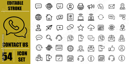 Contact Us Line Icons Set for Customer Support and Communication – Phone, Email, Address, Location, Chat, Help Desk, Call Center, Hotline, Message, Map Pin, Service Desk, Editable Stroke Vector Outlin