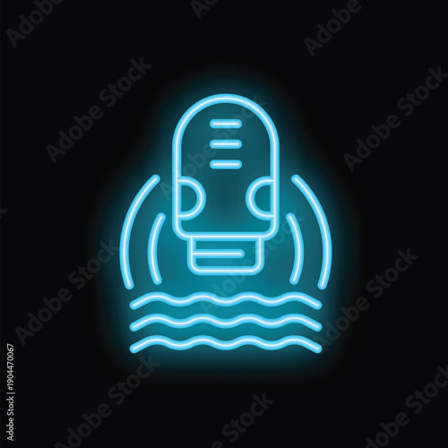 Blue neon icon of an echo sounder emitting sound waves