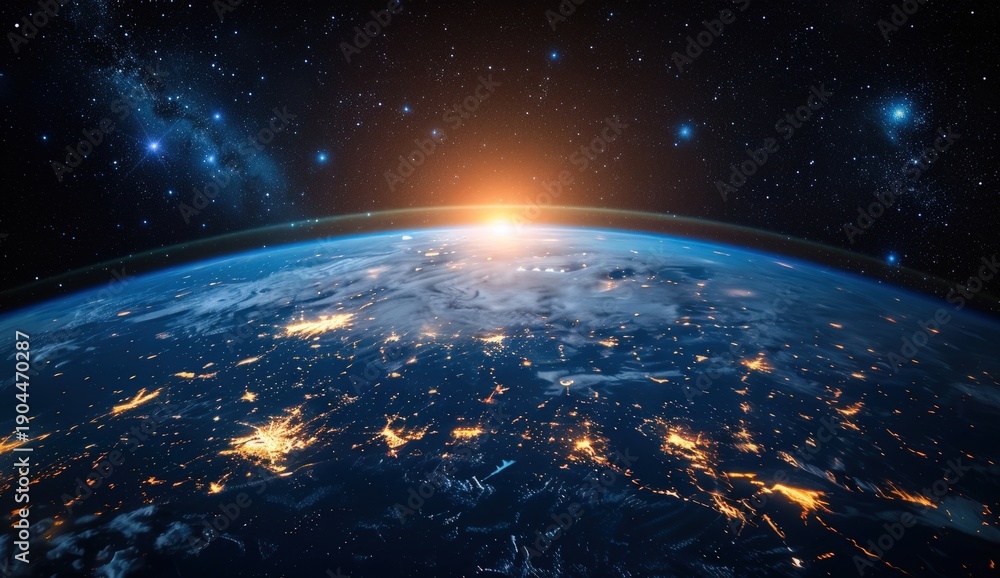Fototapeta premium Planet Earth from space, with a glowing sunrise over the horizon and city lights