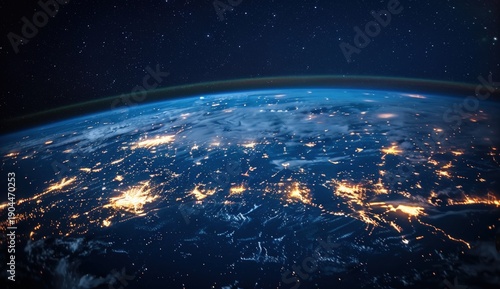 Curved Earth from space at night, glowing city lights contrasting with a starry cosmos