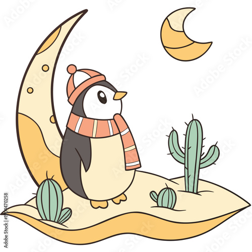 Cute Funny Penguin, accessorized with sitting on a moon, in a Desert Mirage world – Desert Mirage palette vector