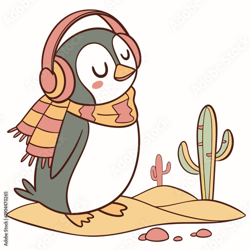Cute Loving Penguin, accessorized with wearing headphones, in a Desert Mirage world – Desert Mirage palette vector